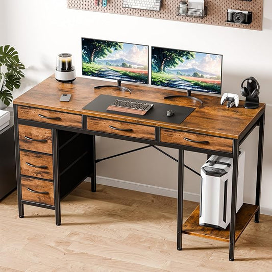 55" Computer Desk with 6 Drawers, Home Office Gaming Desks with Storage Shelves for Bedroom, Writing Study Corner Living Room Work Table Brown