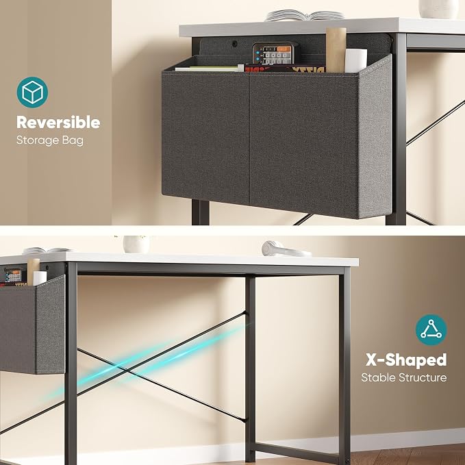 OLIXIS Computer Desk, 44 Inch Home Office Desks for Small Spaces, Writing Craft Study Gaming Table for Bedroom, Modern Computer Workstation with Storage Bag, White