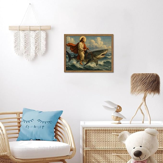 Framed Jesus Riding a Shark Wall Art, Humorous Christian Canvas Print, Fun Jesus Oil Painting, Religious Comedy Wall Decor, Christian Home Decor Gift for Living Room Bedroom Bathroom 12x16 inch