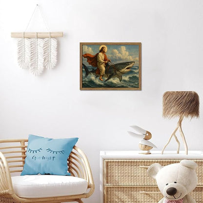 Framed Jesus Riding a Shark Wall Art, Humorous Christian Canvas Print, Fun Jesus Oil Painting, Religious Comedy Wall Decor, Christian Home Decor Gift for Living Room Bedroom Bathroom 12x16 inch