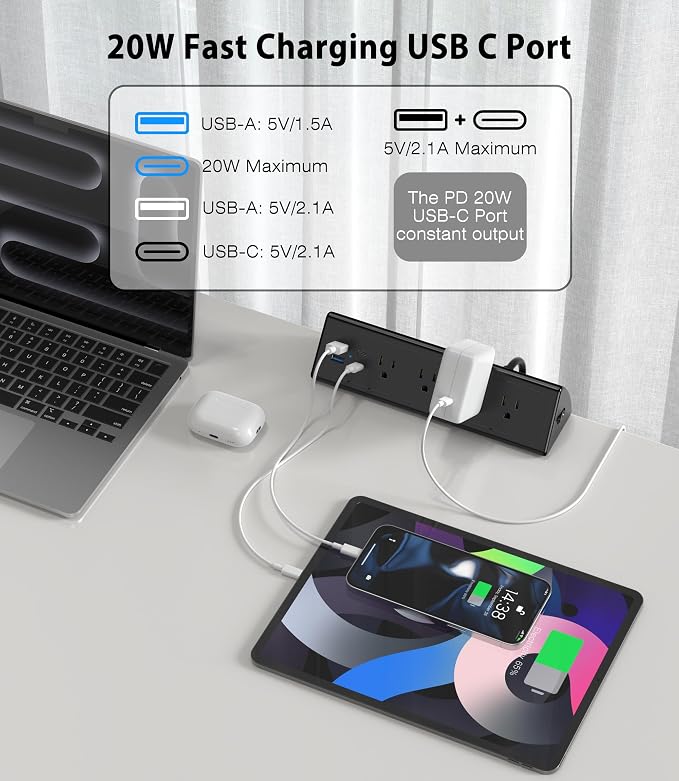 Jgstkcity Desk Clamp Power Strip,20W Fast Charging Station,Surge Protector Nightstand Edge Mount,1875W Extension Cord with Multiple Outlets,2 USB-C,2 USB-A,for Home Office (Black, 10 FT) (Pack of 2)