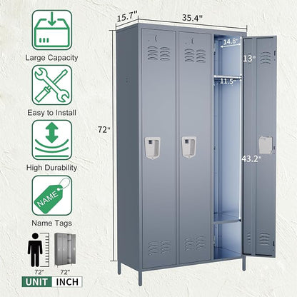 3 Door Metal Lockers for Employees,Heavy-Duty Hooks,72" Secure Storage for Home,Offices,Schools & Gyms | Gray