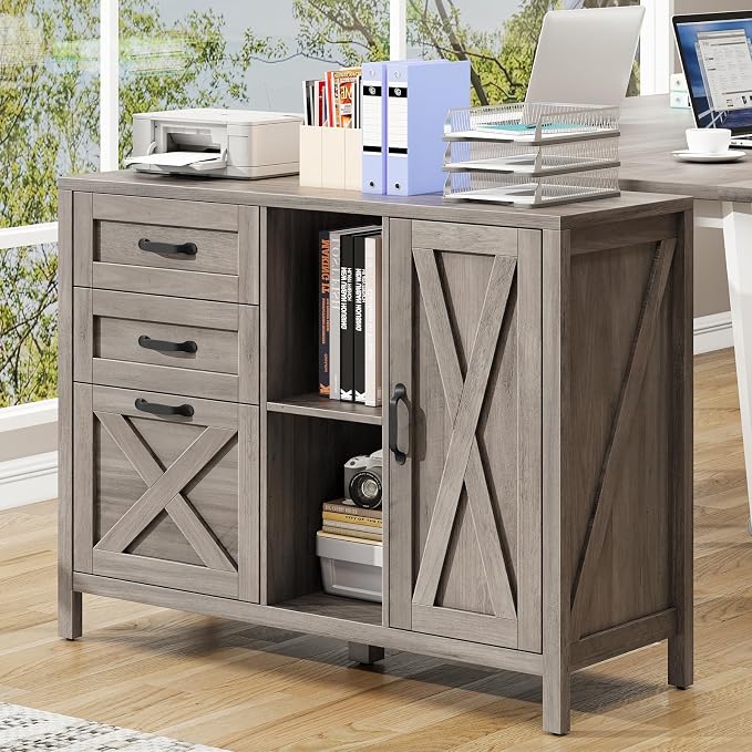 Befrases Farmhouse Lateral Filing Cabinet, Lateral File Cabinet with 3 Drawers and Cabinet, Large Printer Stand with File Drawer for Letter/A4 Size Hanging Files for Home Office, Rustic Grey