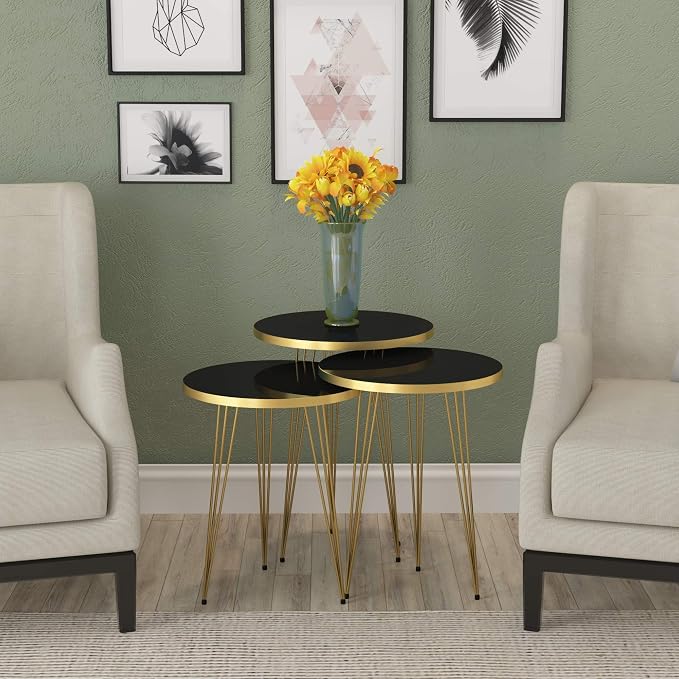 Set of 3 High Gloss Black Gold Legs Nesting End Tables Round Wood Stacking Coffee Side Accent Table with Metal Legs for Living Room, Home Office, Nightstands for Bedroom