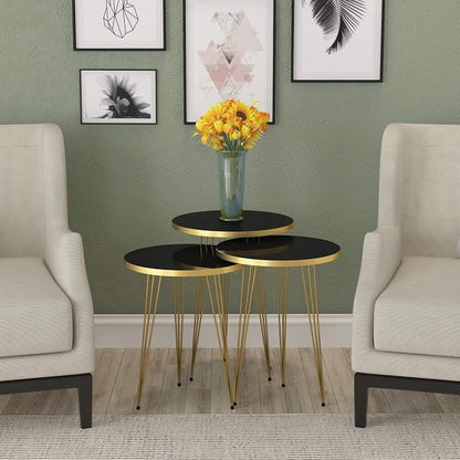 Set of 3 High Gloss Black Gold Legs Nesting End Tables Round Wood Stacking Coffee Side Accent Table with Metal Legs for Living Room, Home Office, Nightstands for Bedroom