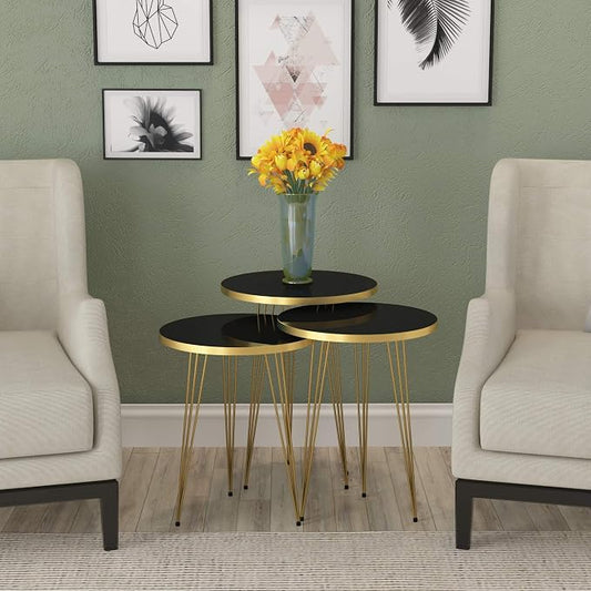 Set of 3 High Gloss Black Gold Legs Nesting End Tables Round Wood Stacking Coffee Side Accent Table with Metal Legs for Living Room, Home Office, Nightstands for Bedroom