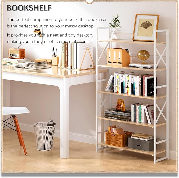 4NM Extra Wide 5 Tiers No Assembly Book Shelves, 51.2" H Folding Bookshelf Bookcase Open Industrial Foldable Shelves for Bedroom, Living Room, Home Office - Natural White