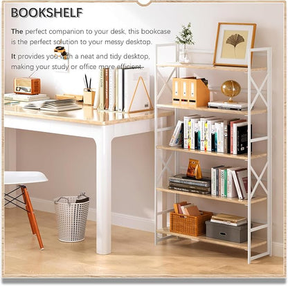 4NM Extra Wide 5 Tiers No Assembly Book Shelves, 51.2" H Folding Bookshelf Bookcase Open Industrial Foldable Shelves for Bedroom, Living Room, Home Office - Natural White