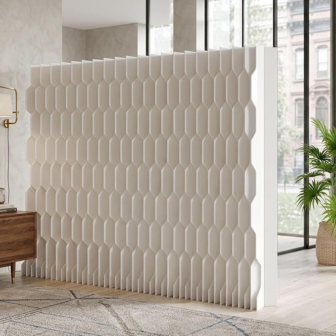 Freestanding Room Divider – Double‑Sided Honeycomb & Pleated, Accordion Kraft Paper Privacy Screen with 16.9" Wide Anti‑Slip Base, Portable Partition Wall for Living Room, Studio, Exhibition