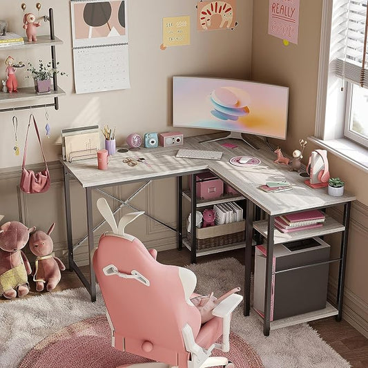 Bestier L Shaped Desk with Shelves 75 Inch Reversible Corner Computer Desk or 2 Person Long Table, Writing Study Desk for Home Office Small Space Bedroom Apartment, Wash White
