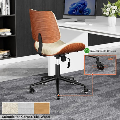 Home Office Desk Chair with Swivel Wheels, Mid-Century Modern PU Leather Armless Office Chair, Small Mid Back Computer Chair for Home Office, Meeting Room