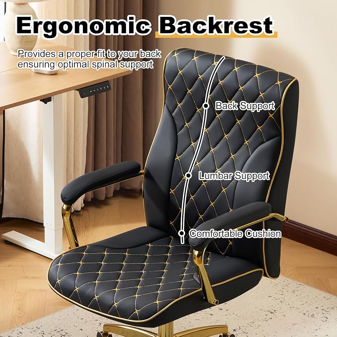 Furniliving Black and Gold Office Chair, Leather Office Chairs, Adjustable Vanity Chair with Golden Legs and Padded Armrest, Modern Upholstered Computer Chair with Wheels,Black