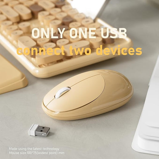 Wireless Keyboard and Mouse, Colorful 104-Key QWERTY with Round Keys, Phone Holder, Wrist Rest, Power Buttons, 2.4GHz USB for PC Laptop (Milk-Tea Colorful)