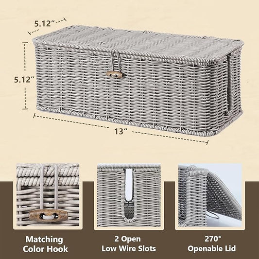 BROWNLILY Cable Management Box, Rattan Style Cord Organizer for Desk Cord Hider Outlet Covers for Power Strip TV PC Router Charger Under Desk Storage with Lockable Lid and Cable Ties