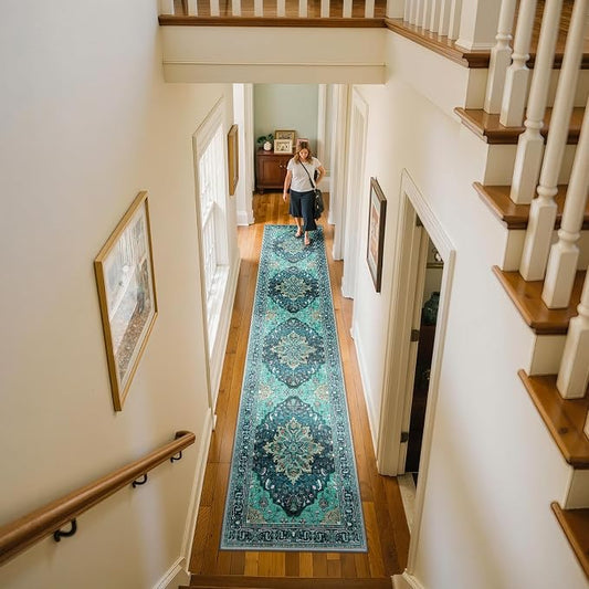 RELEANY Area Rugs Runner 2'x10' Washable Non-Slip, Floral Vintage Distress Medallion Carpet for Kitchen Hallway Bedroom Beside Laundry Room Bathroom, Teal Green Lake Blue Turquoise