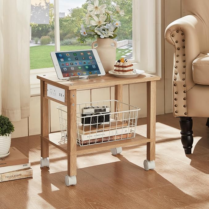 YUFAM 2 Tier Under Desk Printer Stand with Storage, Small Printer Table with Charging Station, Rolling Printer Cart Shelf with Lockable Wheels for Home, Office (Natural)