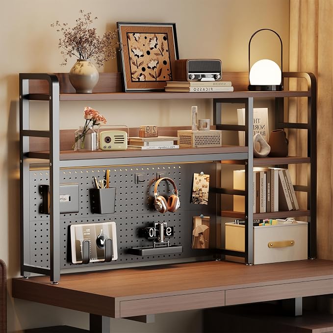 Desktop Hutch Bookshelf, 4-Tier Metal Desk Shelf for Top of Desk | Heavy Duty Countertop Organizer Rack with Peg Board & Accessories Space-Saving Storage for Dorm, Office & Home