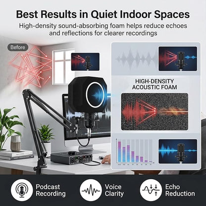 Mic Isolation Shield with Pop Filter for Recording | Reduces Echo and Room Reflections; Fits 40-60mm Condenser Mics; for Podcasting,Streaming,Singing and Coiceovers