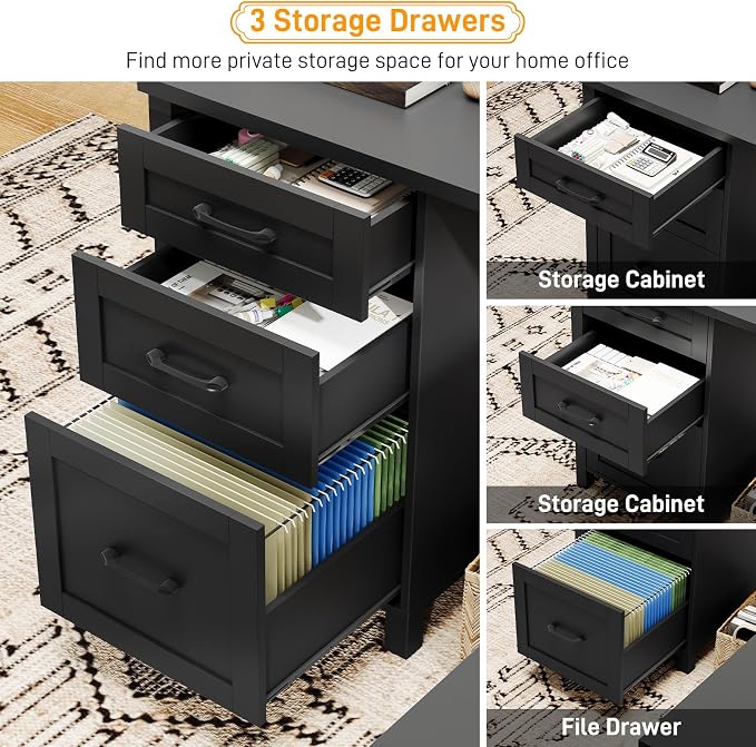 Vabches 59” L Shaped Executive Desk with Power Outlets, Farmhouse Home Office Desk with File Drawer,Storage Cabinet, Wood Corner Sturdy Writing Workstation.Black
