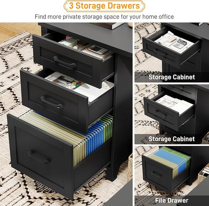 Vabches 59” L Shaped Executive Desk with Power Outlets, Farmhouse Home Office Desk with File Drawer,Storage Cabinet, Wood Corner Sturdy Writing Workstation.Black