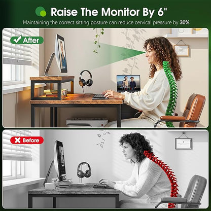 EnHomee 48" L-Shaped Computer Desk with 3 Drawers, 35.4" Monitor Riser, RGB LED Lights,3 AC outlets & 1 Type-C Charging Station, Reversible Corner Gaming Desk for Home Office, Study Room,Rustic Brown
