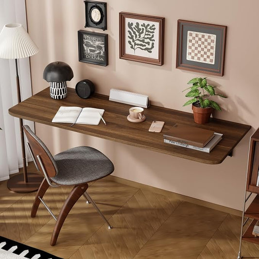 Dogsky Wall Mounted Folding Table, Floating Desk 55x15.7Inch, Fold Down Shelf Wall Mounted with Heavy Iron Brackets, Foldable Table for Launrdy Room, Office Study Work Bench, Kitchen Dining, Walnut