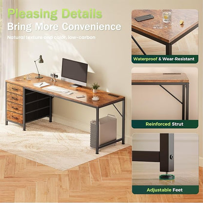 PRAISUN 63 Inch Computer Office Desk with Power Outelts and USB-C Port, Reversible Gaming Desk with 4 Fabric Drawers, Work Study Desk Work from Home, Rustic Brown