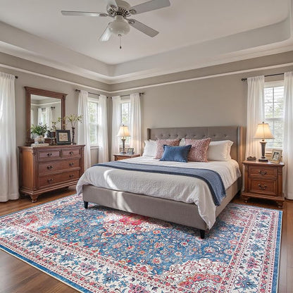 Goideal Washable Rug 4x6, Vintage Area Rugs Non Slip, Indoor Low Pile Carpet with Rubber Backing for Living Room Kitchen Bathroom Entryway Office Bedroom, Blue & Hot Pink