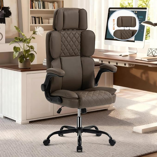 Office Chair with Adjustable Headrest - Executive Leather Desk Chair for Home Office, with Flip-Up Arms & Ergonomic Lumbar Support, Perfect for Work and Study, Brown