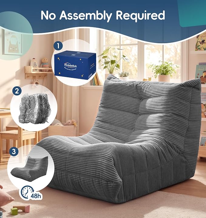 Hobestluk Small Bean Bag Chair Faux Fur Fabric BeanBag Couch for Playroom | Grey Corduroy,Ergonomic Design,Memory Foam,Strong Supportive,No Assembly Required,Decorative Style for Living Room Bedroom