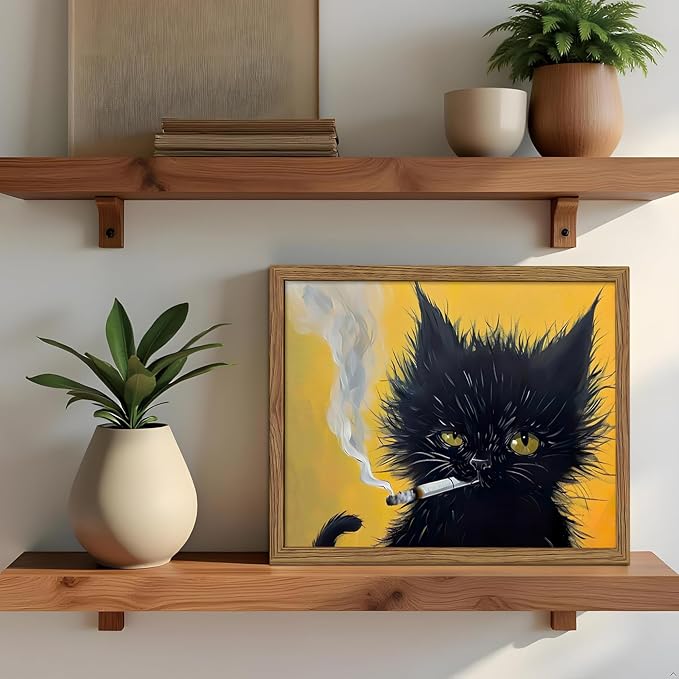 Vintage Framed Black Cat Wall Art, Black Cat Painting Portrait Wall Decor, Mens Room Canvas Print Poster, Cool Animals Picture Art for Bathroom Decor 8x10 inch Wood Framed
