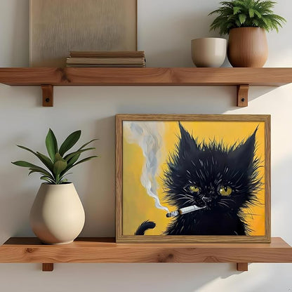 Vintage Framed Black Cat Wall Art, Black Cat Painting Portrait Wall Decor, Mens Room Canvas Print Poster, Cool Animals Picture Art for Bathroom Decor 8x10 inch Wood Framed