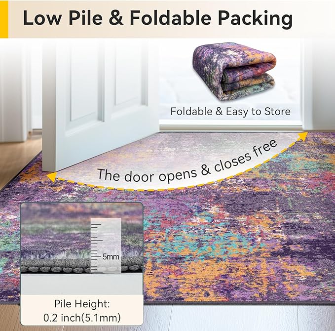 RELEANY Washable Area Rugs 2'x10' Non-Slip Modern Abstract Soft for Living Room Entryway Bedroom Kitchen, Print Pattern, Purple Orange Blue Green Rust Red Colorful