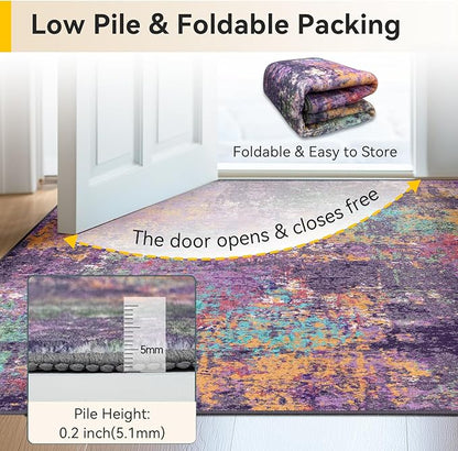 RELEANY Washable Area Rugs 6ft Non-Slip Modern Abstract Soft for Living Room Entryway Bedroom Kitchen, Print Pattern, Purple Orange Blue Green Rust Red Colorful