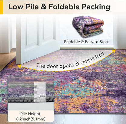 RELEANY Washable Area Rugs 4ft Non-Slip Modern Abstract Soft for Living Room Entryway Bedroom Kitchen, Print Pattern, Purple Orange Blue Green Rust Red Colorful