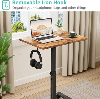 WINAZ Small Portable Laptop Rolling Desk - 24 Inch Mobile Computer Desk Adjustable Height on Wheels for Small Spaces, Couch Kids Desks End Side Table, Teacher Podium for Classroom, Rustic Brown