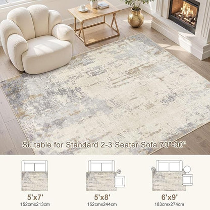 UERMEI 6x9 Area Rug Living Room Rugs - Washable Neutral Modern Abstract Soft Thin Rug Indoor Floor No Slip Rug Carpet for Bedroom Under Dining Table Home Office Decor - Light Brown/Gray