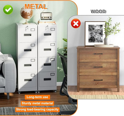 METAN 4 Drawer Metal File Cabinet on Wheels, Lockable Vertical Filing Storage for Letter Legal Size, Steel Organizer for Home Office, 14.96"x17.72"x54.13", Assembly Required, White