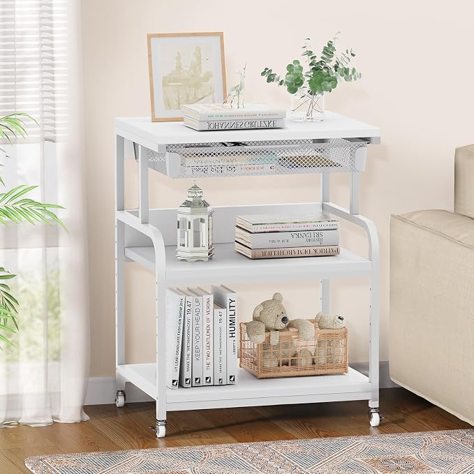 EasyCom 23.6''x18.9'' Extra Large Printer Stand with Drawer, 5-Adjustable Heights 3 Tier Table with Wheels, Rolling Printer Cart with Storage for Printer Scanner Fax Home Office Use
