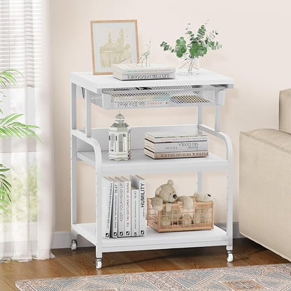 EasyCom 23.6''x18.9'' Extra Large Printer Stand with Drawer, 5-Adjustable Heights 3 Tier Table with Wheels, Rolling Printer Cart with Storage for Printer Scanner Fax Home Office Use