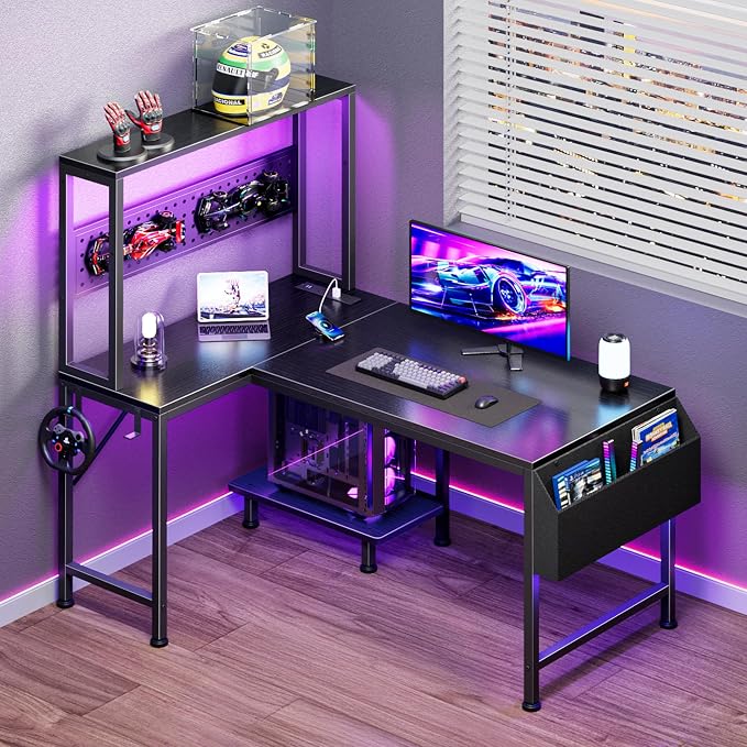 PRAISUN L Shaped Gaming Desk with LED Lights & Power Outlets, Reversible Computer Desk with Storage Shelves & Bag, Small Corner Home Office Desk with Pegboard for Work from Home, Black