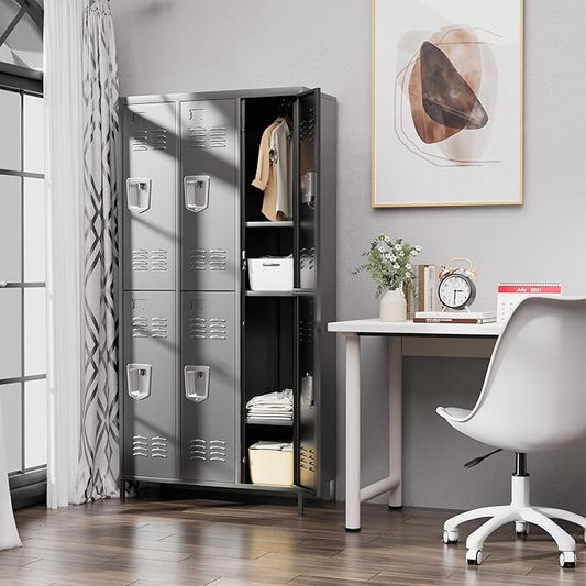 6 Door Metal Lockers for Employees,6 Heavy-Duty Hooks,72" Secure Storage for Home,Offices,Schools & Gyms | Black