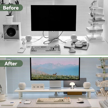Bamboo Dual Monitor Stand Riser with Underneath Storage, Ergonomic Desk Shelf Supports PC Computer Monitor, Printer, TV for Home, Office, White