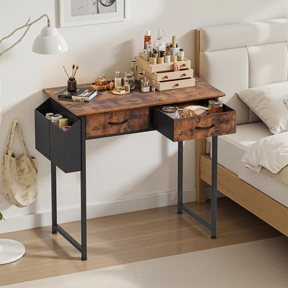 OLIXIS 32 Inch Small Desk with Fabric Drawers for Home Office, Gaming Computer Desk with Side Bag, Headphone Hook Writing Study Work Table for Bedroom Small Sapce, Brown