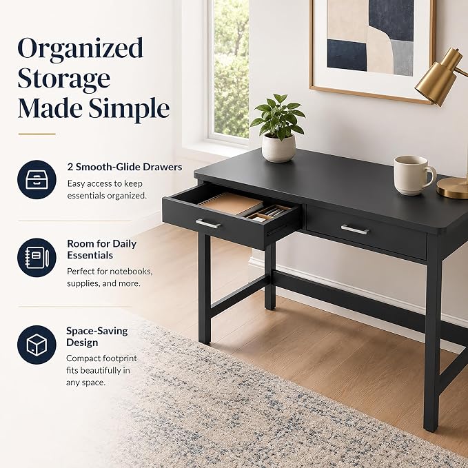 4NM 39.4" Small Desk with Wood Drawers, Home Office Computer Desk with Wooden Legs, Study Writing Table Vanity Desk for Small Spaces - Black