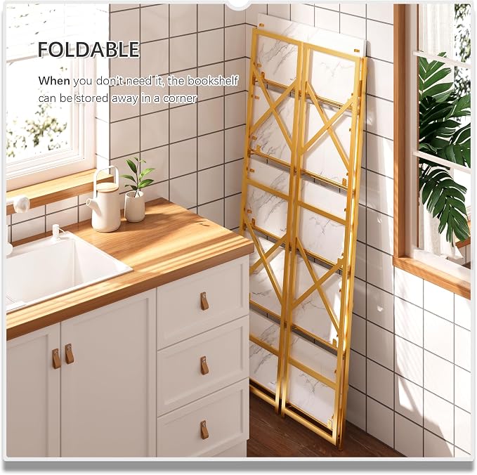 4NM 5 Tiers No Assembly Book Shelves, 51.2" H Folding Bookshelf Bookcase Open Industrial Foldable Shelves for Bedroom, Living Room, Home Office - White Gold