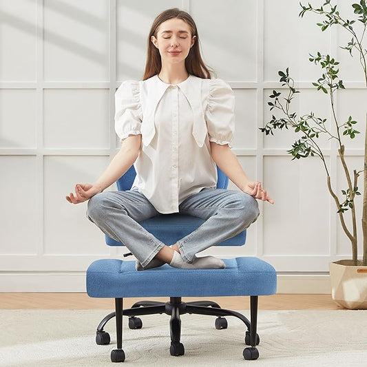 Criss Cross Legged Office Chair with Wheels,Swivel Meditation Chair for ADHD,Ergonomic Desk Chair with Thicken Adjustable Footstool,Fabric Sitting Fidgeting Kneeling Chair for Home Yoga Blue