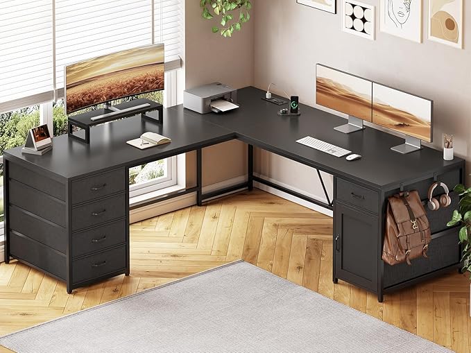SEDETA L Shaped Desk, 63'' Corner Desk with 5 Drawer & Power Outlet, Larger Home Office Desk or Gaming Desk, L Shaped Corner Desk with Monitor Shelf, Storage Cabinet, Black