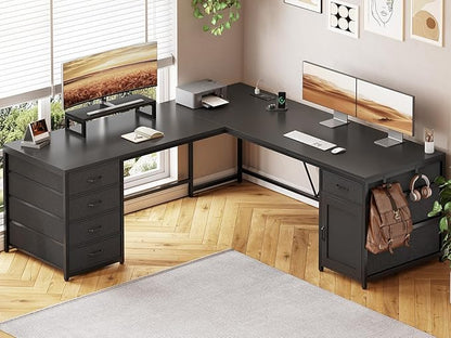 SEDETA L Shaped Desk, 63'' Corner Desk with 5 Drawer & Power Outlet, Larger Home Office Desk or Gaming Desk, L Shaped Corner Desk with Monitor Shelf, Storage Cabinet, Black