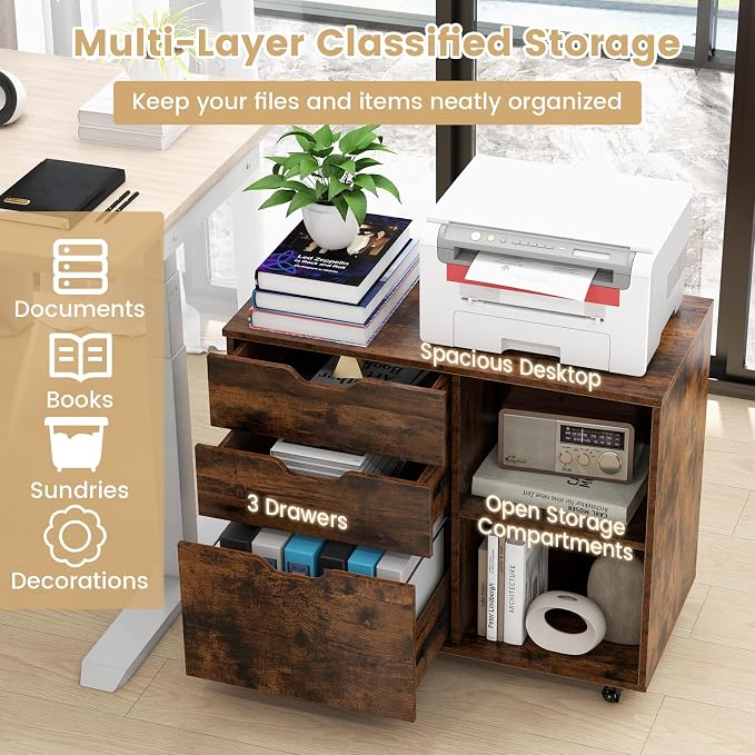 3 Drawer File Cabinet, Wood Lateral Filing Cabinet for Hanging Letter, A4, Legal Size, Rolling Printer Stand with Adjustable Shelf, Under Desk Storage for Home Office (Brown)